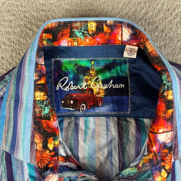 Robert Graham Shirt Mens Large Blue Stripe Button Flip Cuff Classic Fit Cotton - Picture 4 of 11